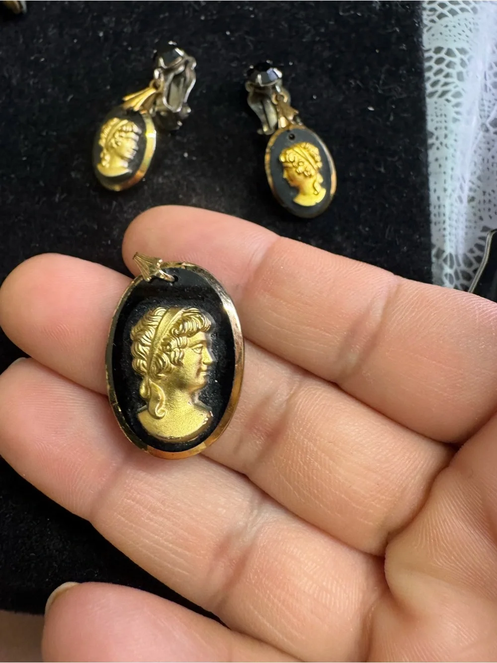 Gold and Black Glass Cameo Pendant and Clip-On Earrings Set